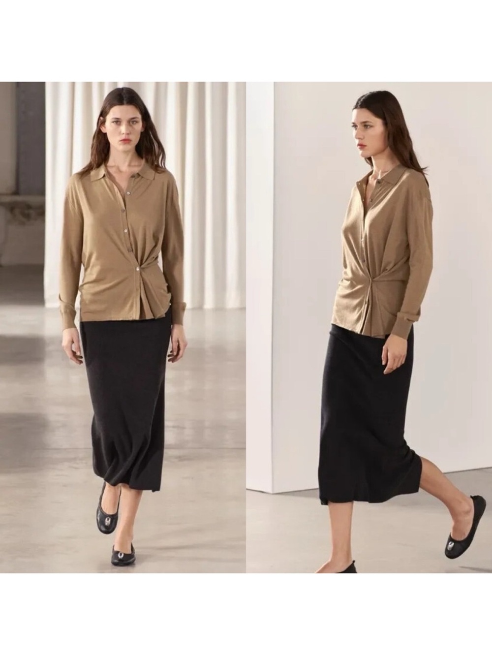 ZARA LIGHT BROWN SIDE BUTTON JUMPER CARDIGAN SWEATER COLLARED POLO KNIT CARDIGAN